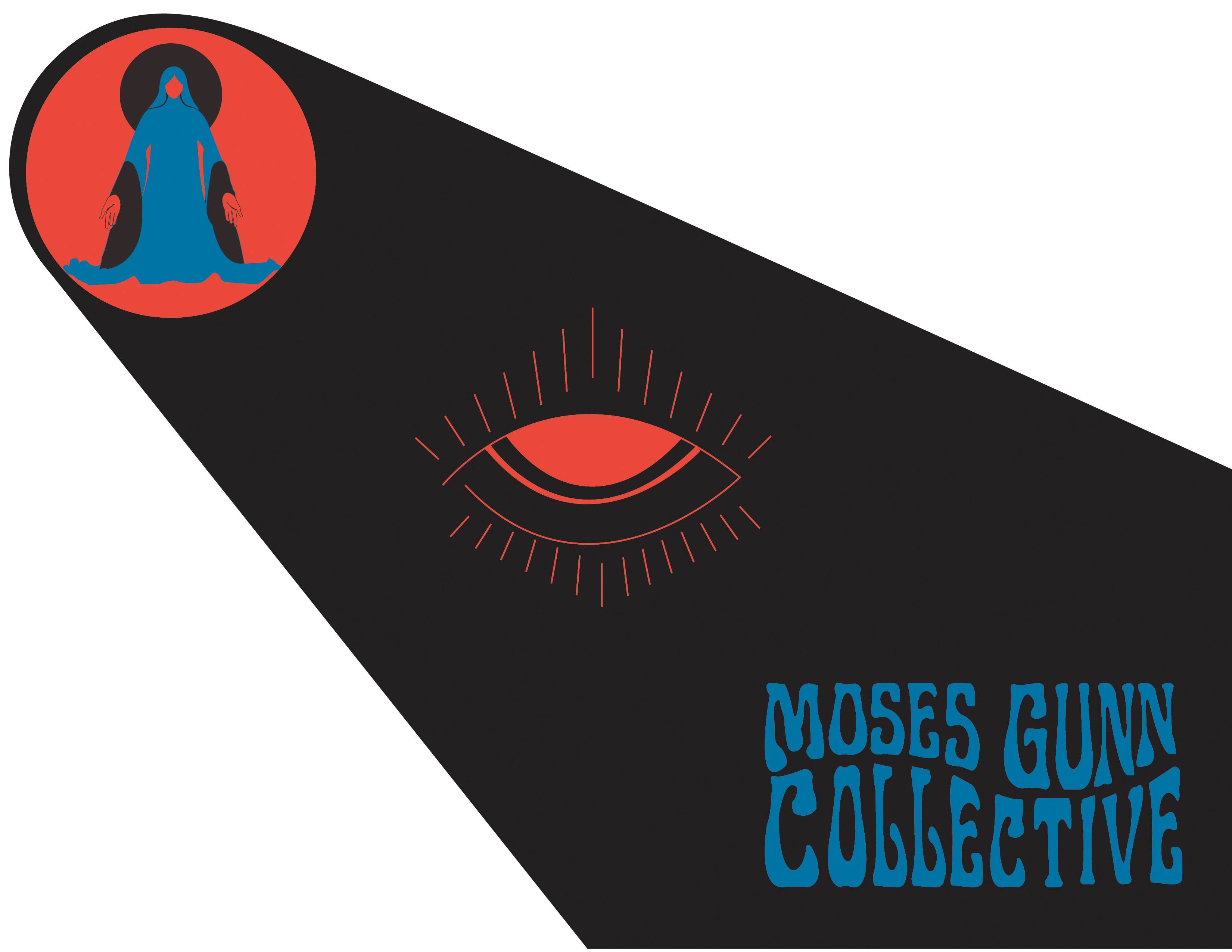 On a white image, there is a black beam of light containing a red pair of glasses, a goddess with a red sun behind her, and the name of the band Moses Gunn Collective.